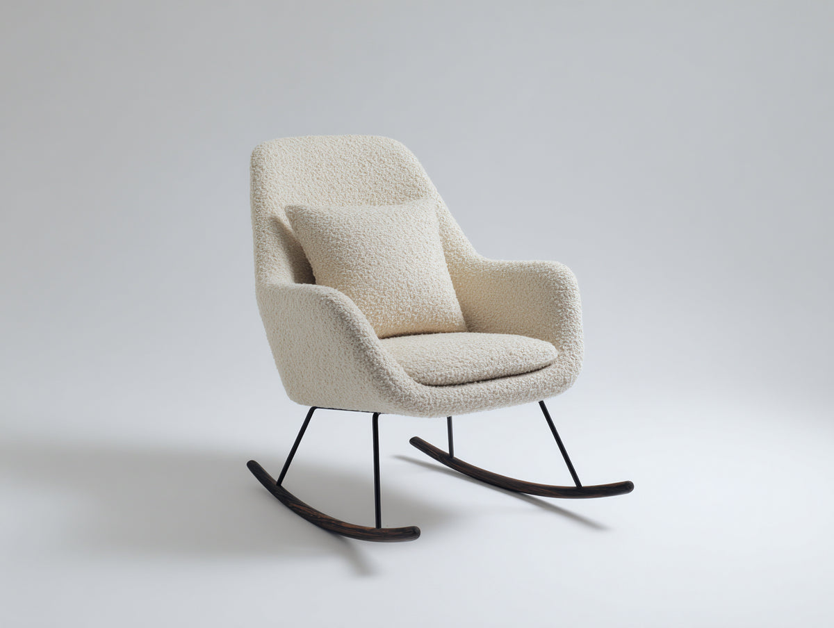 Sedia a dondolo - Tessuto bouclé-metallo-legno - 80 x 86 x 95 cm - Bianco crema-Nero-Marrone scuro - Stile contemporaneo