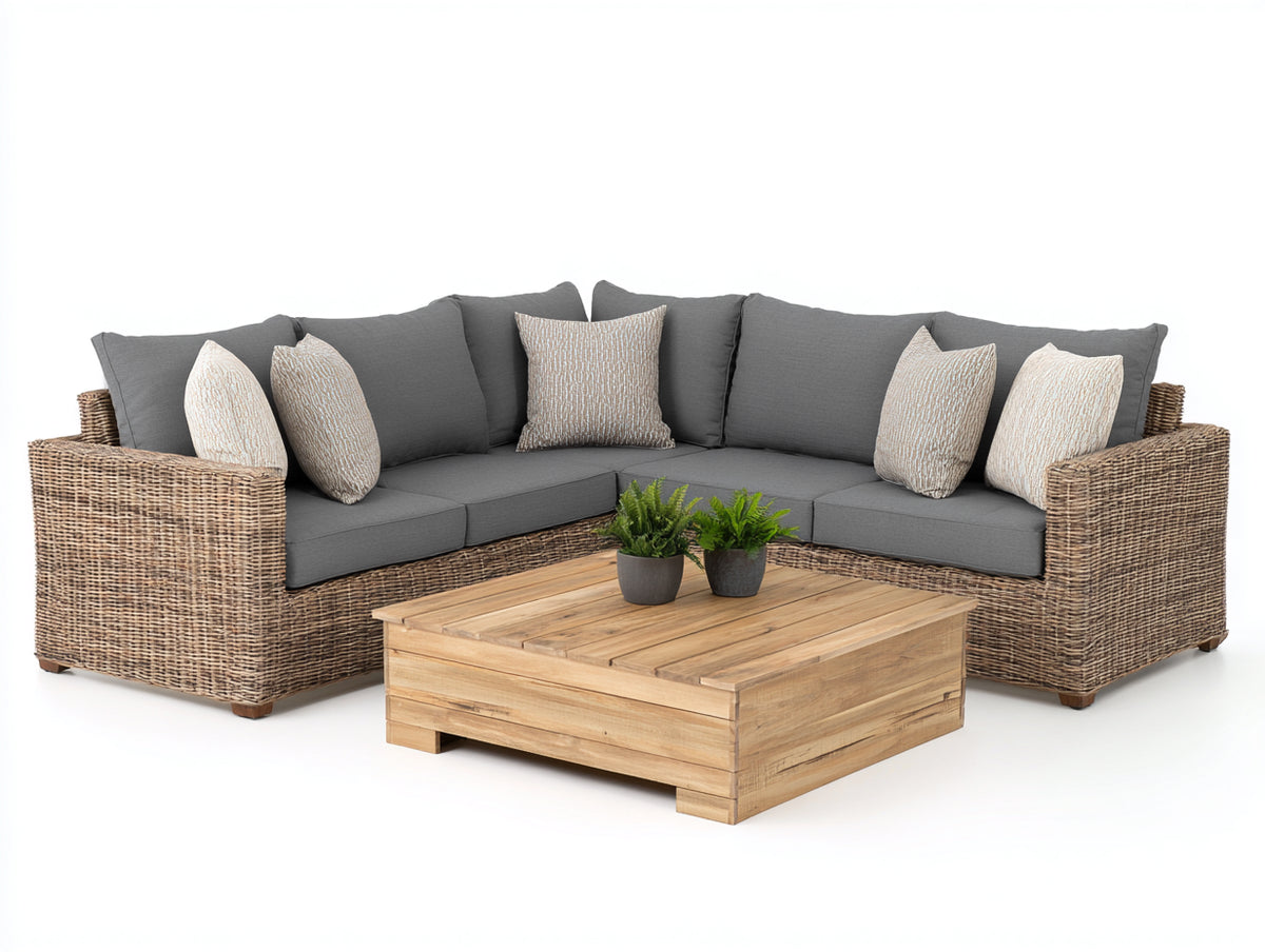 Divani da esterno - Rattan sintetico-Tessuto-Legno - 265 × 265 × 77 cm - Marrone chiaro-Grigio antracite-Marrone naturale - Design angolare contemporaneo