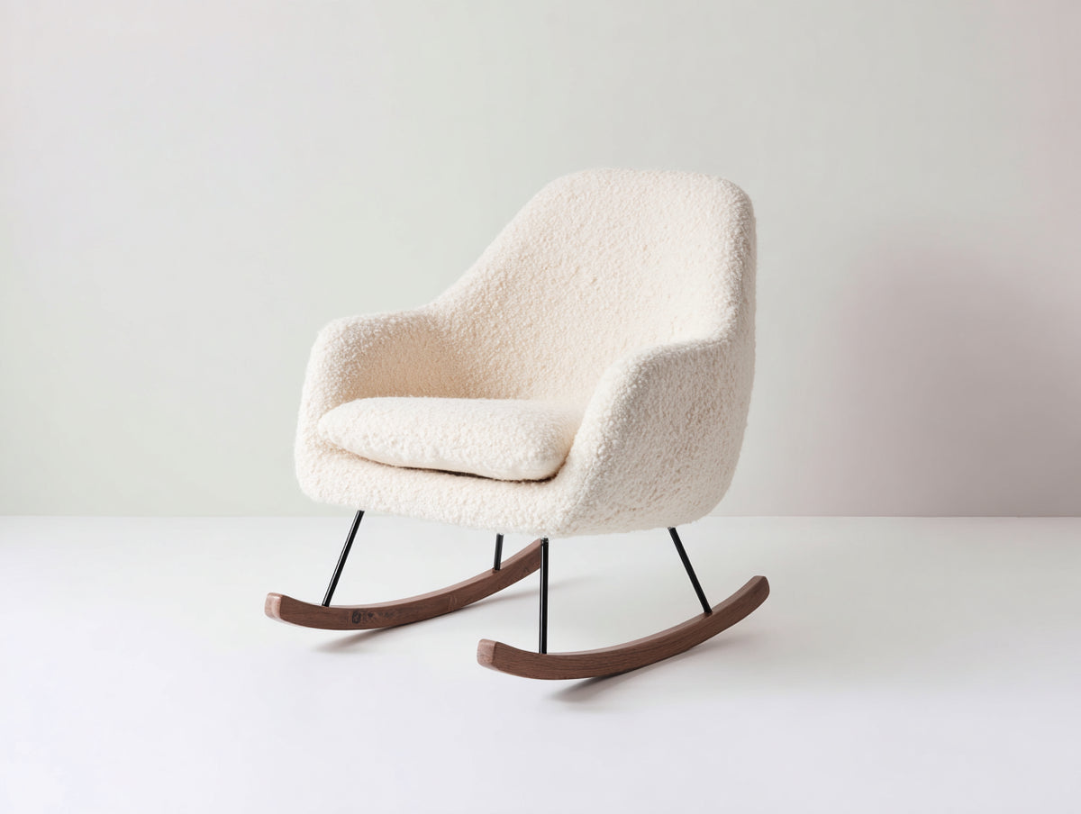 Sedia a dondolo - Tessuto bouclé-metallo-legno - 78 x 83 x 90 cm - Bianco crema-Nero-Marrone - Stile nordico