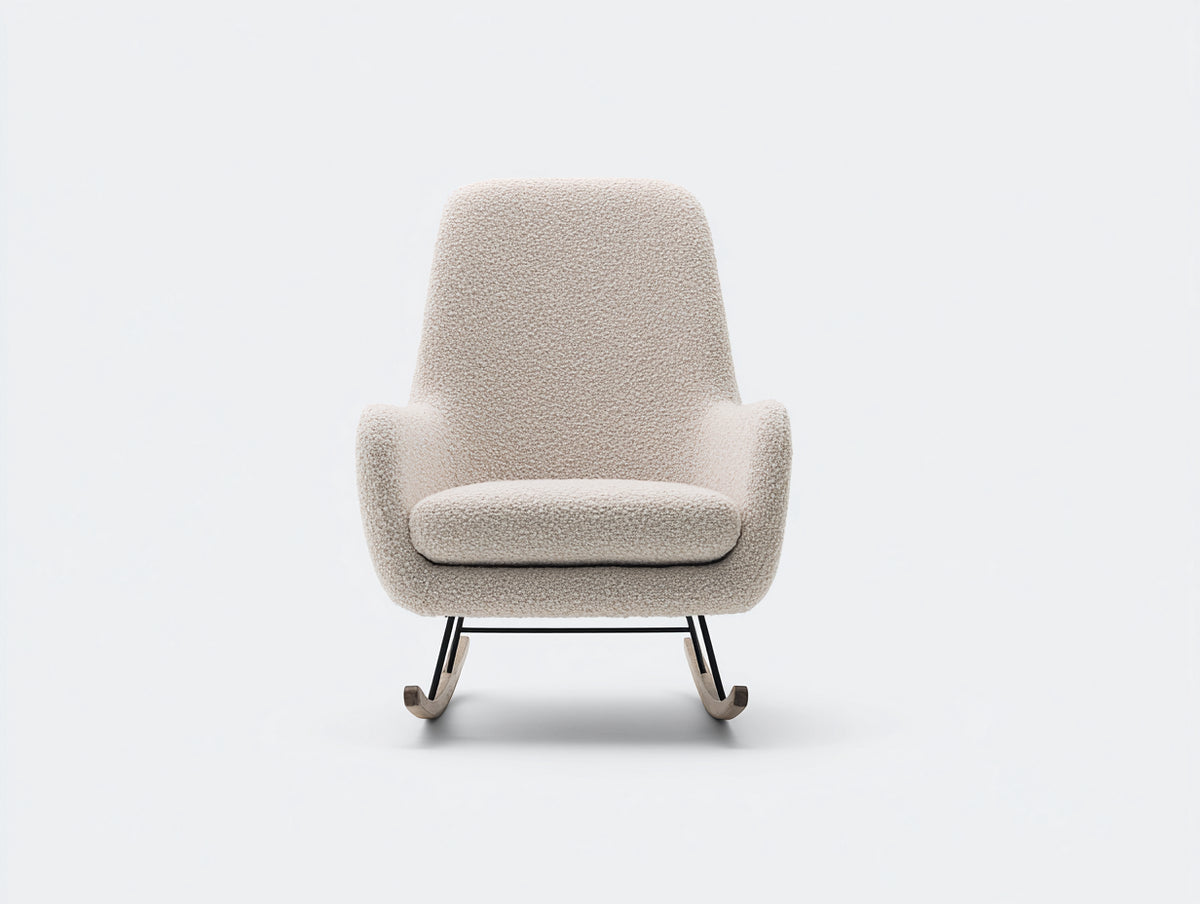 Sedia a dondolo - Tessuto bouclé-metallo-legno - 76 x 82 x 97 cm - Beige chiaro-Nero-Legno naturale - Stile nordico