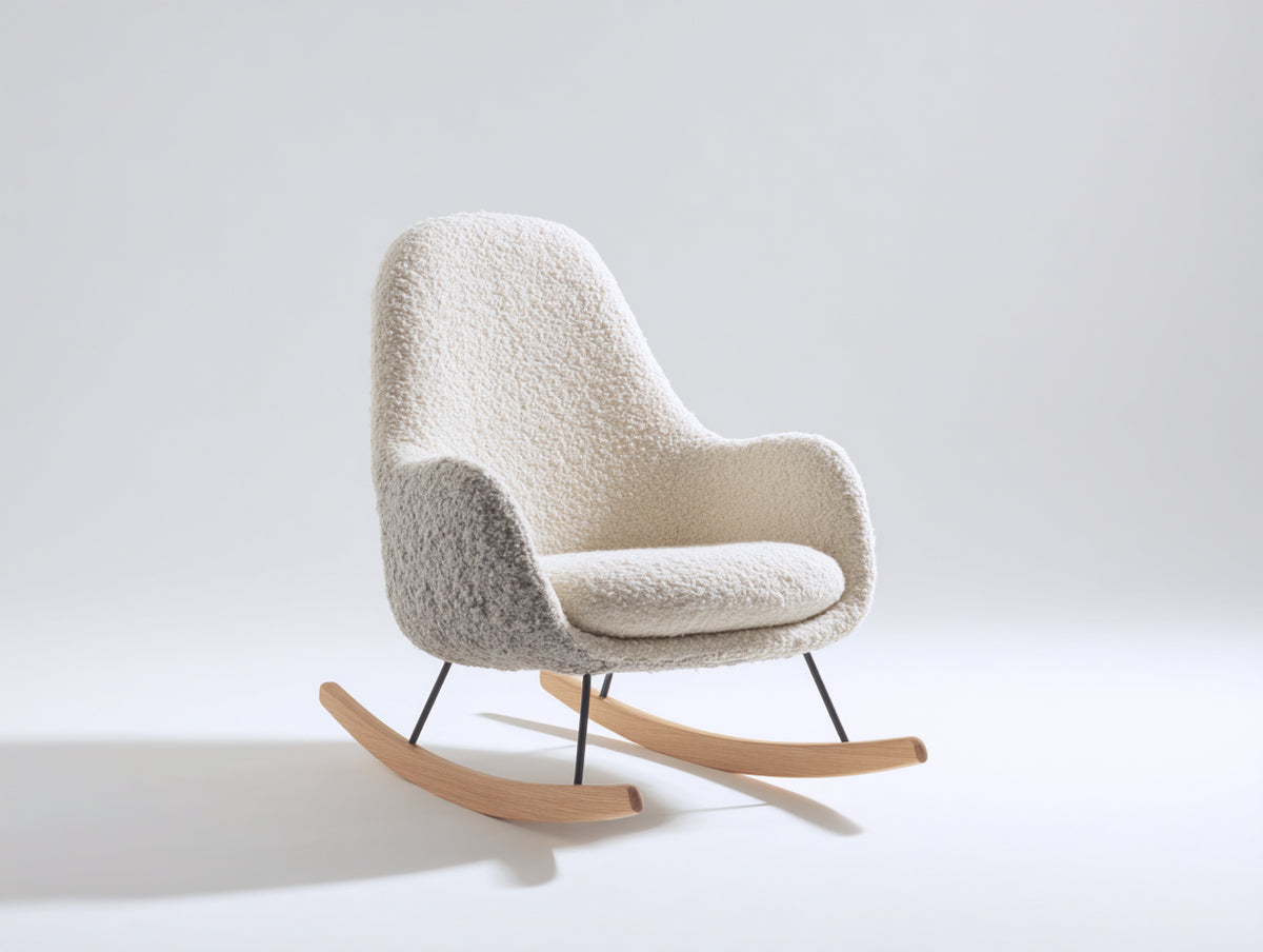 Sedia a dondolo - Tessuto bouclé-metallo-legno - 77 x 84 x 94 cm - Bianco crema-Nero-Legno naturale - Stile nordico