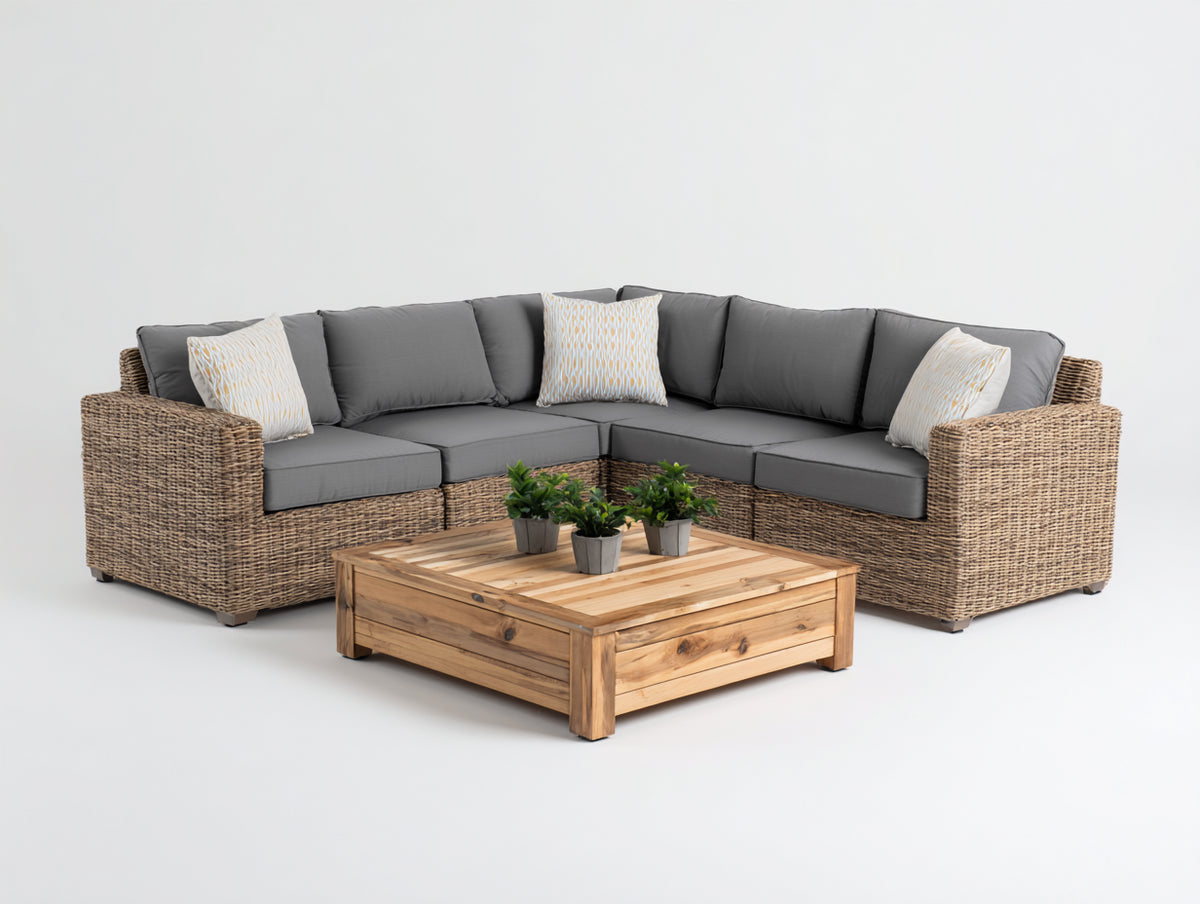 Divani da esterno - Rattan sintetico-Tessuto-Legno - 258 × 258 × 76 cm - Marrone chiaro-Grigio antracite-Marrone naturale - Design angolare contemporaneo