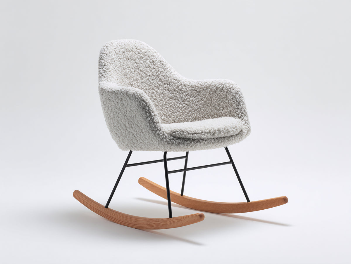 Sedia a dondolo - Tessuto bouclé-metallo-legno - 84 x 73 x 84 cm - Bianco crema-nero-legno naturale - Stile moderno