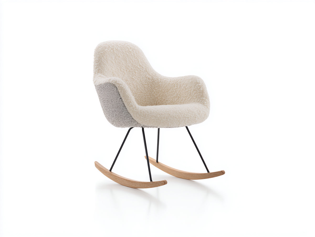 Sedia a dondolo - Tessuto bouclé-metallo-legno - 75 x 82 x 91 cm - Bianco crema-Nero-Legno naturale - Stile minimalista
