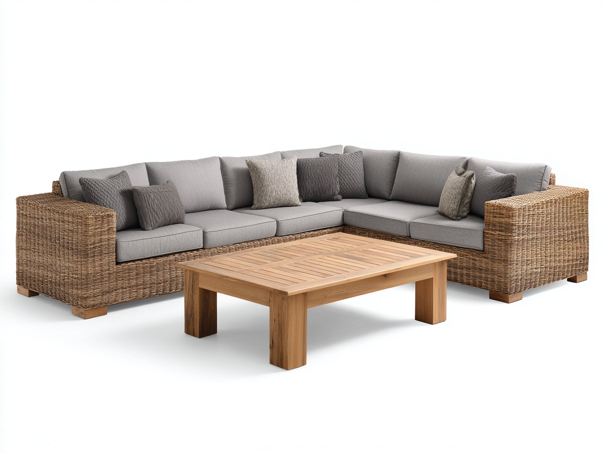 Divani da esterno - Rattan sintetico-Tessuto-Legno - 305 × 225 × 76 cm - Marrone-Grigio chiaro-Marrone naturale - Stile contemporaneo intrecciato