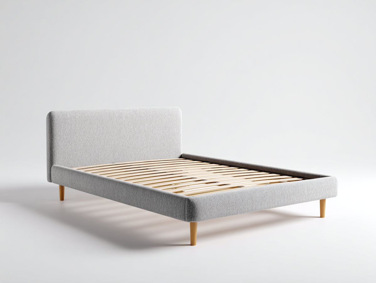 Letto matrimoniale - Tessuto - Legno - 215 x 180 x 105 cm - Grigio chiaro-Legno naturale - Stile moderno