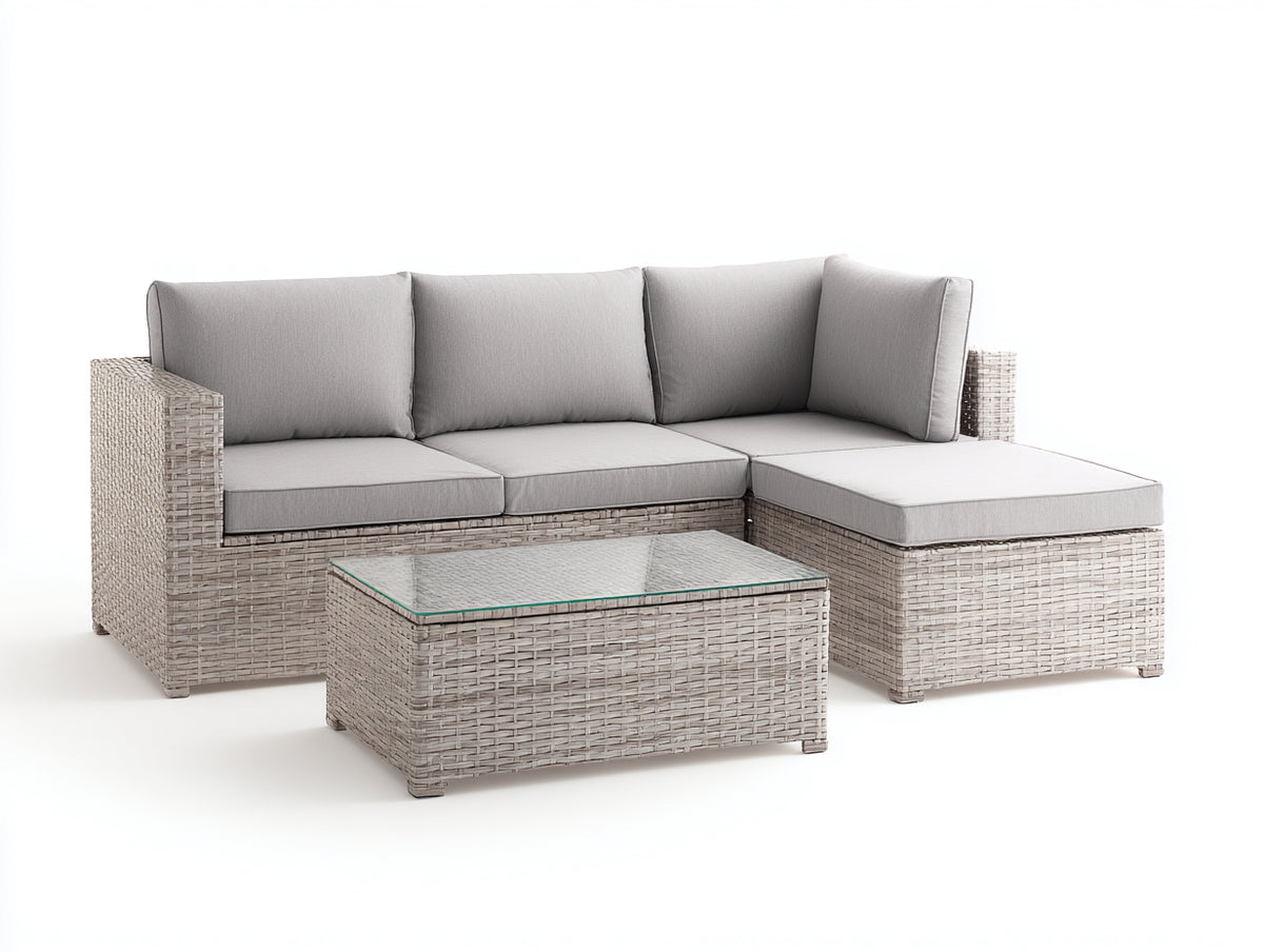 Divani da esterno - Rattan sintetico-Tessuto-Vetro - 235 × 170 × 73 cm - Grigio chiaro-Beige chiaro-Trasparente - Design moderno con chaise longue