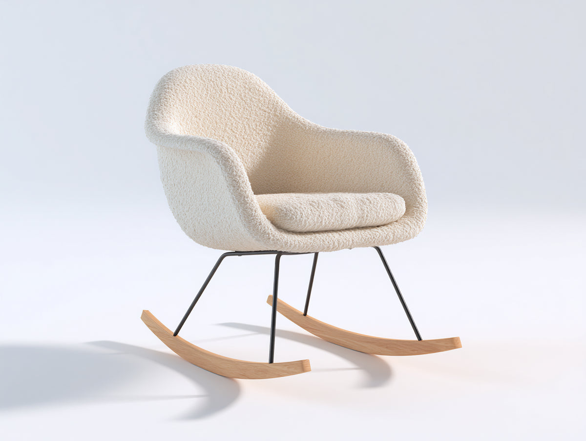 Sedia a dondolo - Tessuto bouclé-metallo-legno - 80 x 87 x 89 cm - Bianco crema-Nero-Legno naturale - Stile moderno