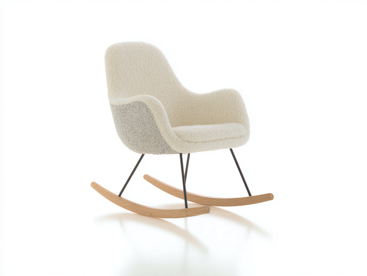 Sedia a dondolo - Tessuto bouclé-metallo-legno - 76 x 83 x 93 cm - Bianco crema-Nero-Legno naturale - Stile nordico