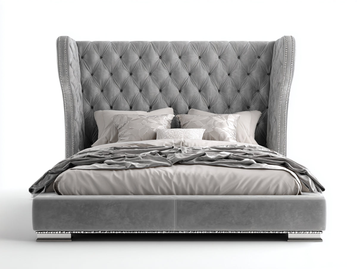 Letto matrimoniale - Tessuto vellutato - Metallo - 220 x 190 x 145 cm - Grigio - Stile classico contemporaneo
