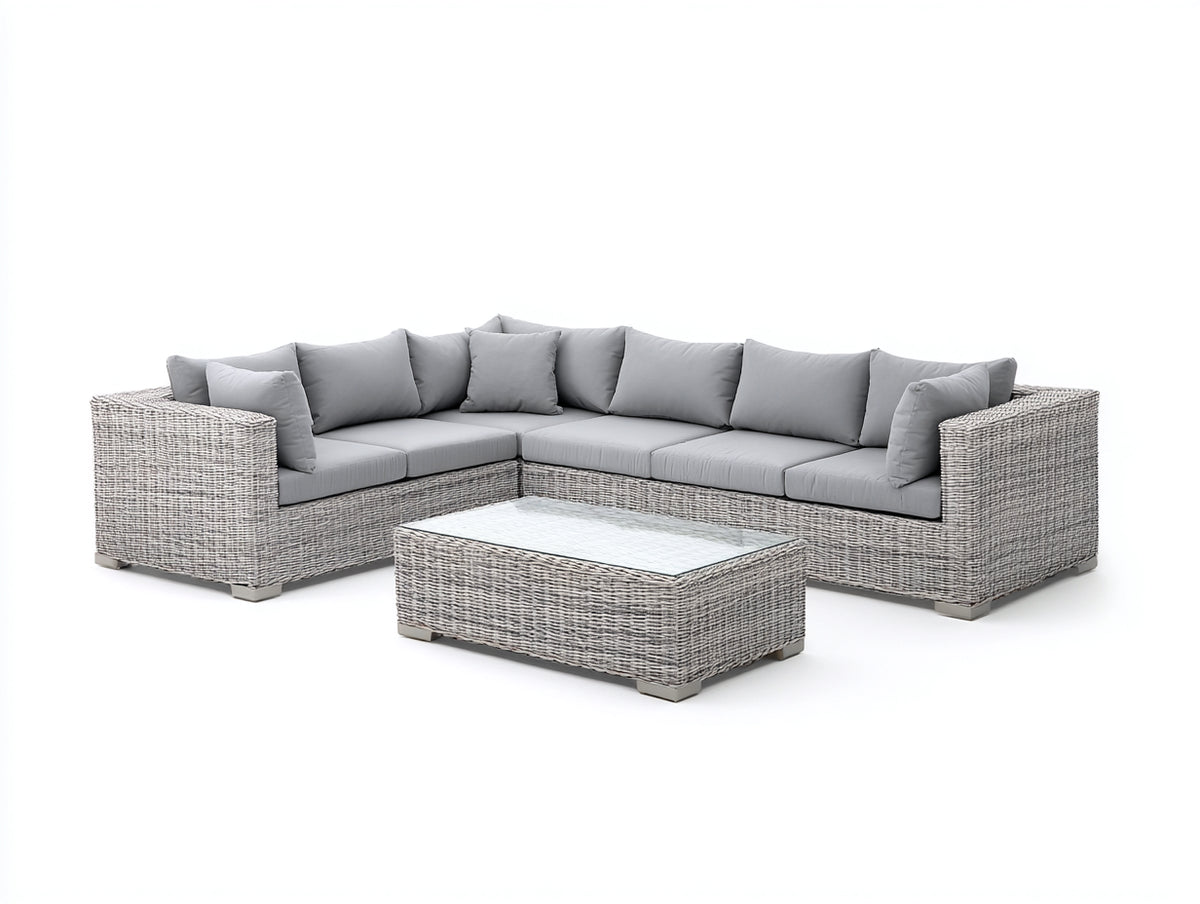 Divani da esterno - Rattan sintetico-Tessuto-Vetro - 300 × 220 × 74 cm - Grigio chiaro-Grigio-Trasparente - Design angolare moderno